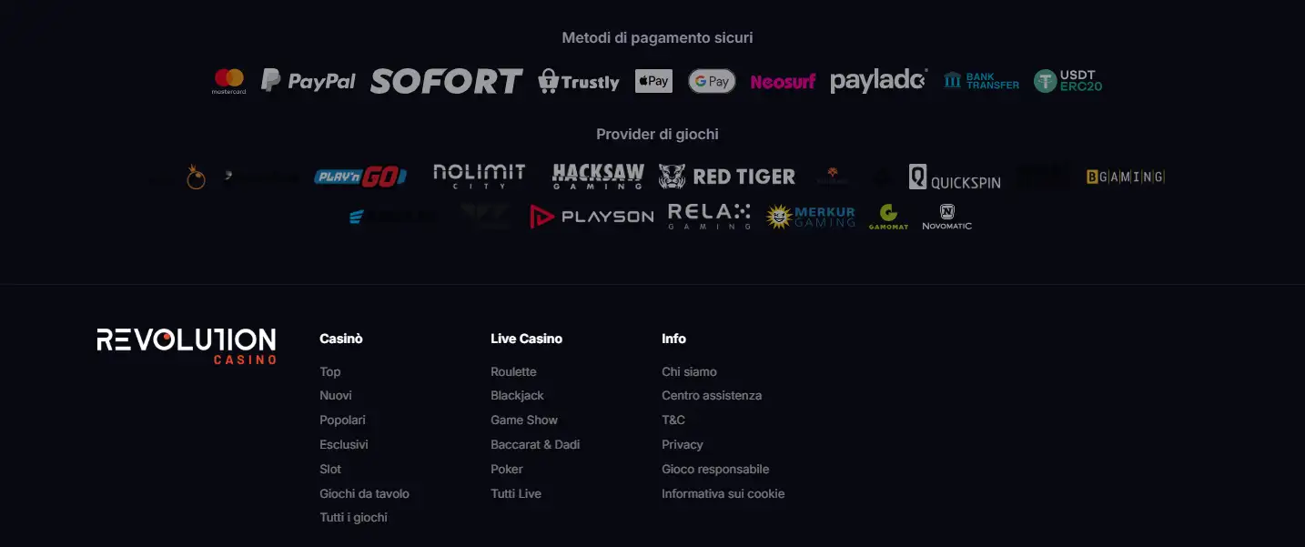 Sezione dei metodi di pagamento di RevolutionCasino
