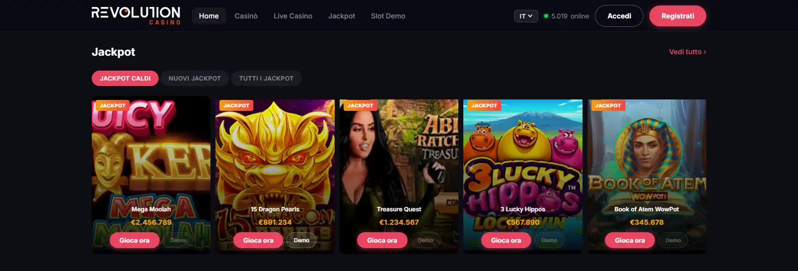 Lobby giochi di RevolutionCasino con categorie del catalogo visibili