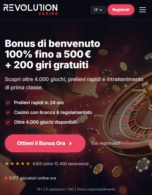 Homepage o lobby RevolutionCasino visualizzata su smartphone in lingua italiana