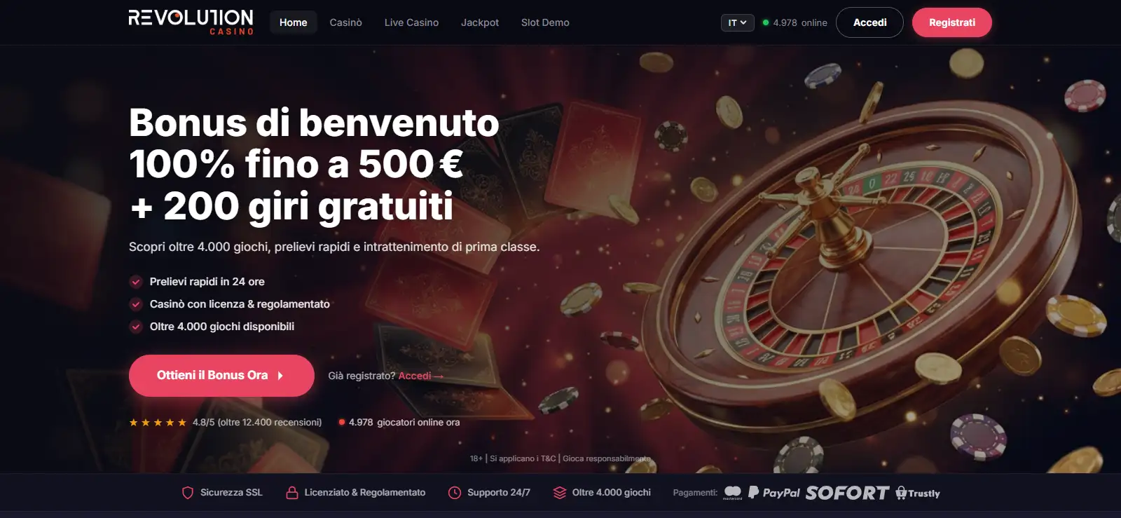 Offerta bonus italiana di RevolutionCasino con bonus di benvenuto e giri gratuiti