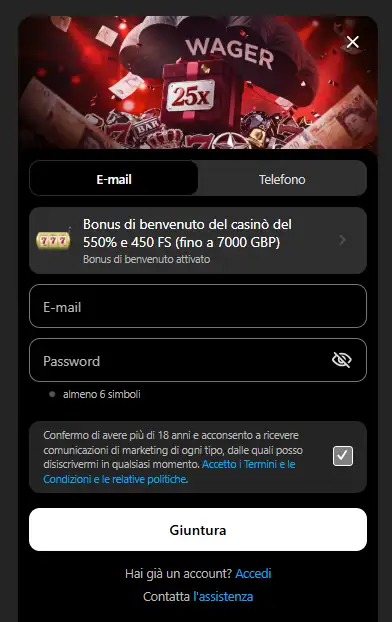 Schermata italiana di RevolutionCasino con accesso alla registrazione