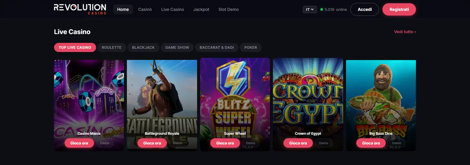 Lobby live casino di Revolution Casino con categorie di tavoli dal vivo