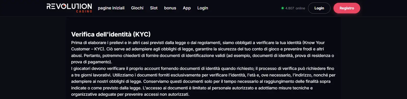 Testo ufficiale RevolutionCasino relativo alla verifica KYC