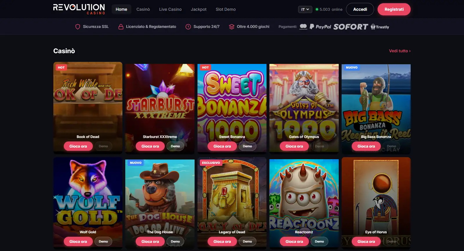 Homepage italiana reale di RevolutionCasino con navigazione e offerta visibile