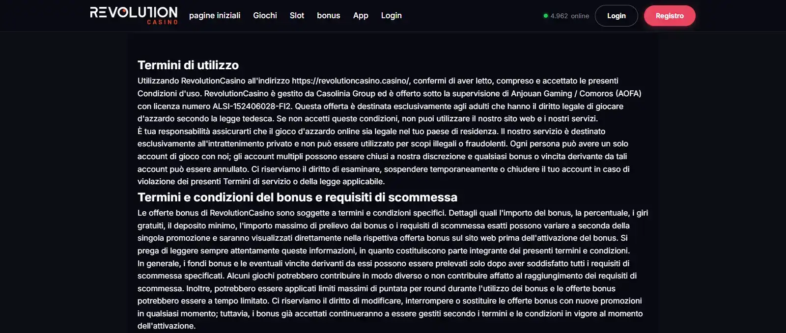 Sezione termini di RevolutionCasino con operatore e licenza dichiarata